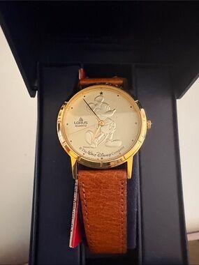 Lorus Women’s Gold-Tone Mickey Mouse Dial Brown Leather Watch